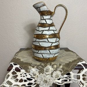 MCM Vintage Handmade Pottery Vase Pitcher 4x9” With Gold Accents Mosaic